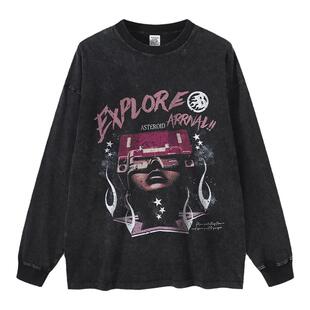 ladygaga数码直喷水洗复古重磅宽松oversize长袖T恤long sleeved