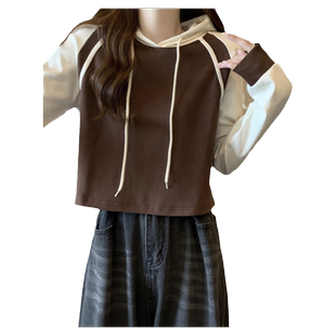 小个子短款撞色拼接长袖T恤女初秋宽松韩版百搭插肩袖连帽上衣服