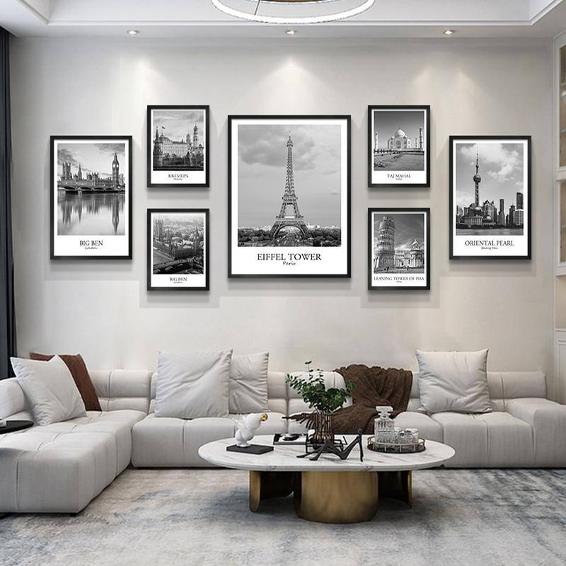 黑白建筑风景北欧现代客厅沙发装饰画餐厅KTV清吧酒吧壁画挂画