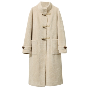 Amii2025冬新款宽松长款半高领落肩袖环保颗粒绒皮草大衣外套女