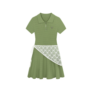 乔拉【夏叶轻语】polo领短袖针织连衣裙女夏季通勤小个子显瘦裙子