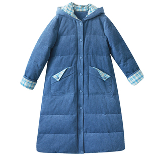 【碧空如染】文艺连帽羽绒服女2025年冬季加厚保暖灯芯绒蓝色外套