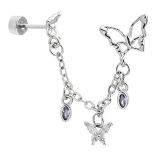 Pink Daily蝴蝶十字架链条耳骨钉双耳洞耳骨链耳蜗链平底钛钢耳饰