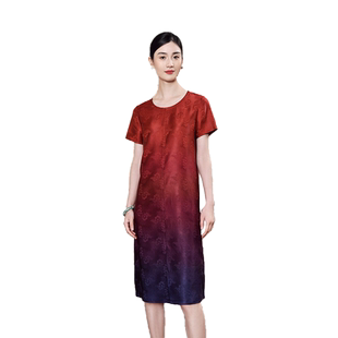 佐尔美静奢风 渐变红云纱香云纱桑蚕丝真丝连衣裙女E22LS44