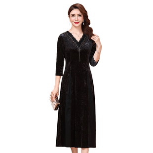 香妮芬金丝绒连衣裙高贵洋气2025春秋新款黑色高端贵夫人丝绒裙子