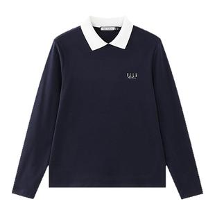 ELLE Active高智穿搭户外休闲浅蓝色长袖t恤女高尔夫运动翻领上衣