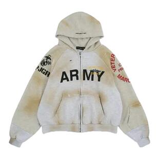 GRAILZ LEARL 重磅假两件拼接重工纯棉水洗做旧拉链连帽卫衣外套