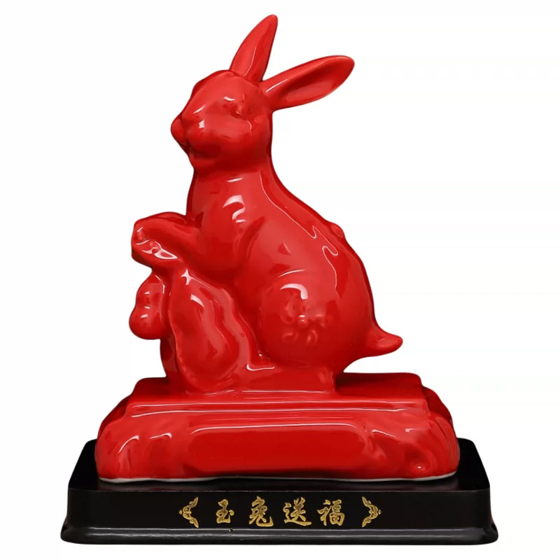 红色陶瓷招财生肖兔摆件