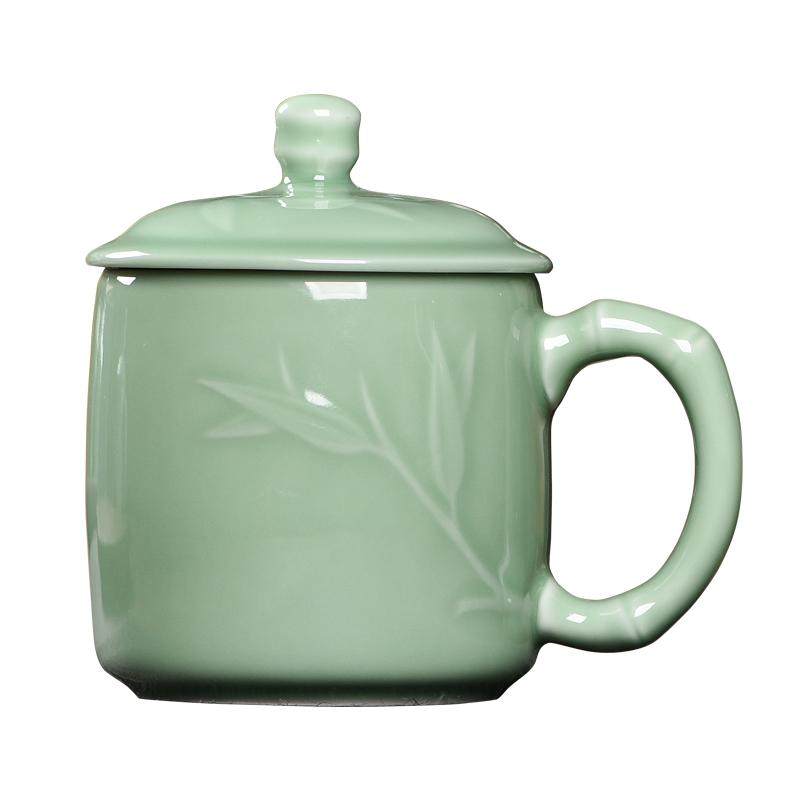 青瓷茶杯陶瓷马克杯带盖泡茶杯办公大容量水杯个人专用会议杯定制