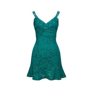 性感辣妹度假风孔雀绿蕾丝拼接吊带连衣裙大码修身显瘦超好看裙子