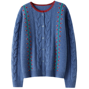 优雅富贵~奢！纯手工绣花加厚100%纯山羊绒开衫女圆领毛衣外套冬