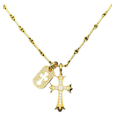 s925纯银克罗伈22K金色满钻十字架项链男女小众个性吊坠毛衣链潮