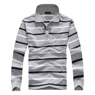 中老年长袖t恤爸爸装真口袋宽松男士打底衫条纹翻领口袋棉类上衣