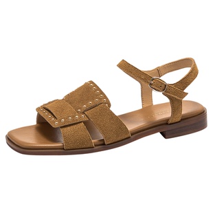 BeauToday罗马凉鞋女款2026新款平底真皮凉鞋沙滩鞋一字带凉鞋女