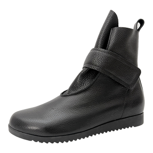 柜雅氏女靴真皮柔软宽楦平底靴魔术贴牛皮软底妈妈靴加绒套筒短靴