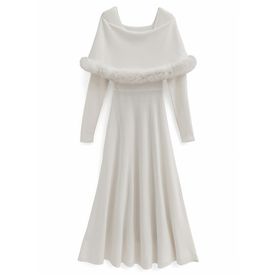 清楚系纯色毛领披肩针织连衣裙