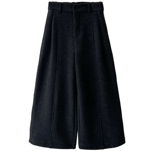 后半松紧腰毛呢羊毛裤宽松直筒加绒休闲阔腿裤女秋冬裤子八分裤冬