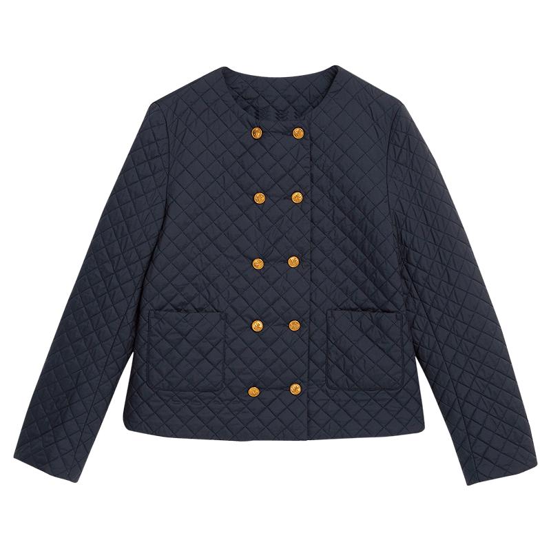 YINER音儿女装秋季法式时尚短款菱格纹圆领双排扣蚕丝棉服外套