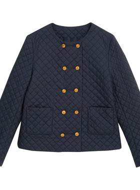 音儿菱格纹圆领双排扣蚕丝棉服