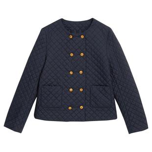 YINER音儿女装秋季法式时尚短款菱格纹圆领双排扣蚕丝棉服外套