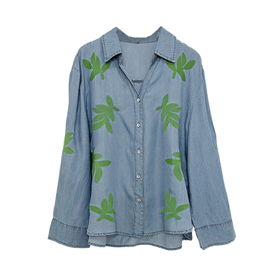 宽松欧美风纽扣长袖刺绣衬衫