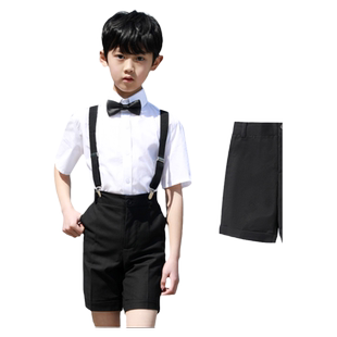 罗蒙儿童男童短裤西裤五分裤夏黑色全松紧腰藏青演出背带套装裤子