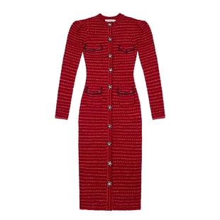 self-portrait 红色小香风修身复古长款针织连衣裙