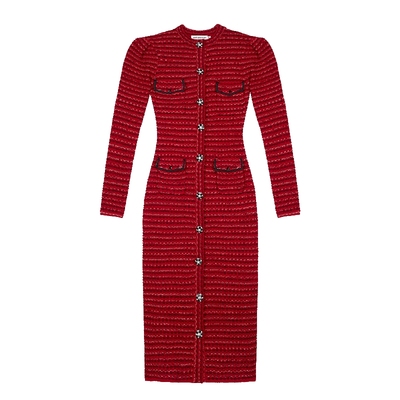 sp红色金银丝羊毛混织开襟连衣裙