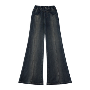 高弹女童一体绒喇叭裤秋冬款儿童加绒弹力牛仔裤中大童微喇长裤子