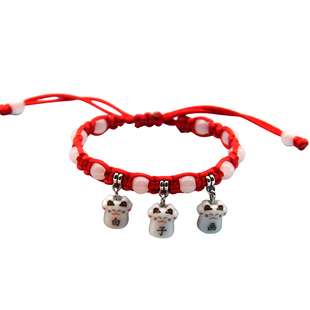 陶瓷招财猫名字手链女闺蜜情侣刻字母定制三人款招财转运月老红绳