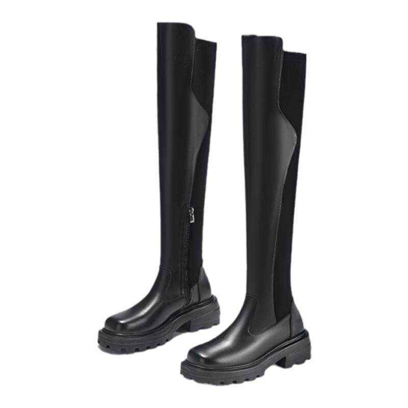 星期六真皮过膝骑士靴2025新款秋冬高跟粗跟黑色加绒长靴高筒靴子