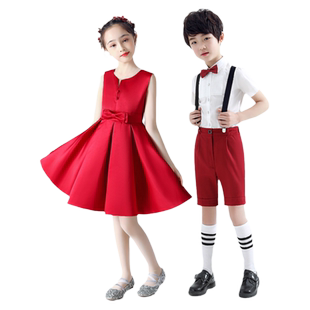 儿童演出服小学生大合唱女童礼服舞蹈裙六一红色演讲朗诵表演服装