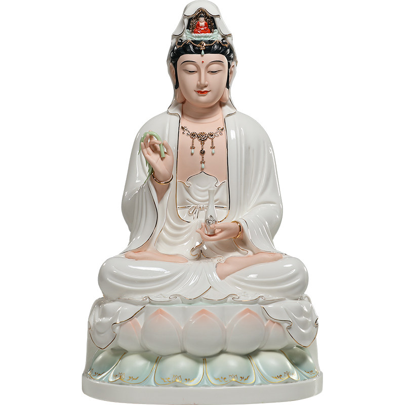 微美陶瓷12至19寸古莲观音佛像家用供奉客厅摆件观世音娘娘菩萨像