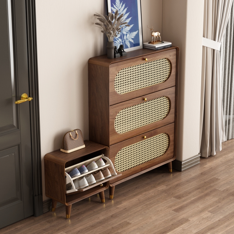 中古风藤编超薄鞋柜实木杠家用入户门口简约现代翻斗窄款薄玄关柜