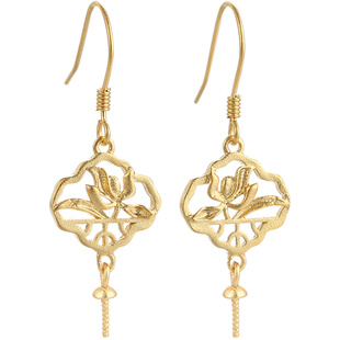 S925纯银耳环耳勾空托diy耳钉配件古风镶嵌翡翠圆珠耳线耳坠银托