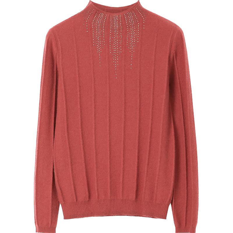 米皇秋季新款套头半高领羊绒衫女纯色镶钻时尚淑女纯羊绒毛衣