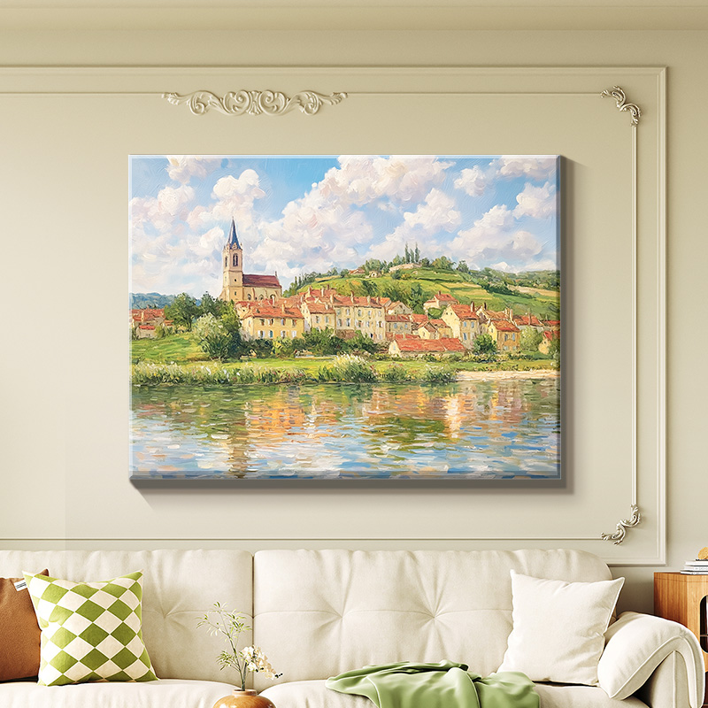 维特伊小镇莫奈风景油画法式奶油风客厅挂画欧式沙发背景墙装饰画