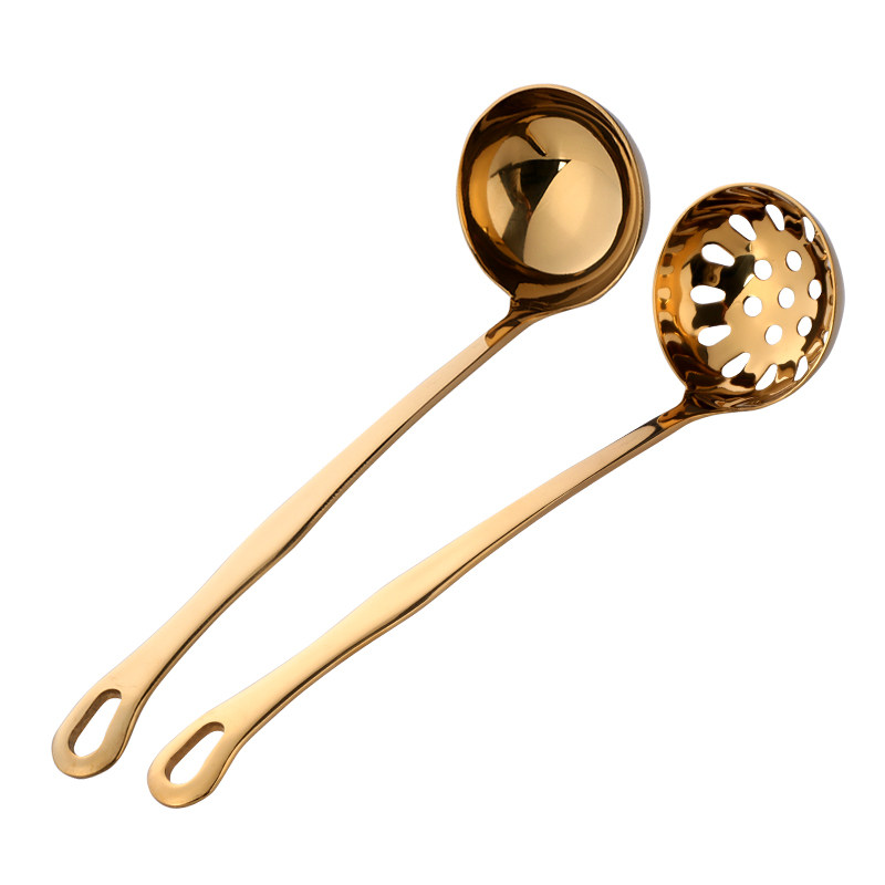 加厚不锈钢金色火锅汤勺漏勺拉丝勺子厨房盛粥匙家庭酒店定制LOGO