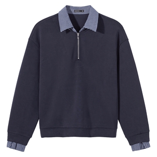 热风女士卫衣打底衫上衣2026年春季新款半拉链格子翻领宽松卫衣