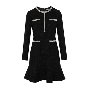 朗姿莱茵福莱尔珠饰星空鱼尾裙女法式优雅小香风羊毛撞色连衣裙