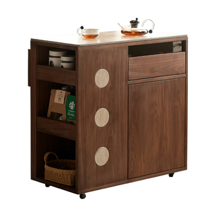 北美黑胡桃木可移动洞石岩板岛台柜单独窄餐桌边柜一体储物茶水柜