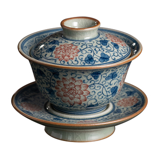 老陶泥青花缠枝莲盖碗纯手工泡茶碗茶具茶杯满工柴窑手绘三才盖碗