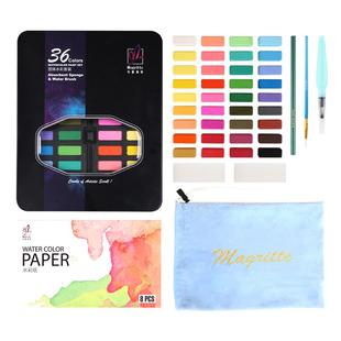 水彩颜料套装固体水彩画工具36色绘画初学者水粉颜料入门全套儿童便携学生粉饼画画用品手绘彩绘马格利特