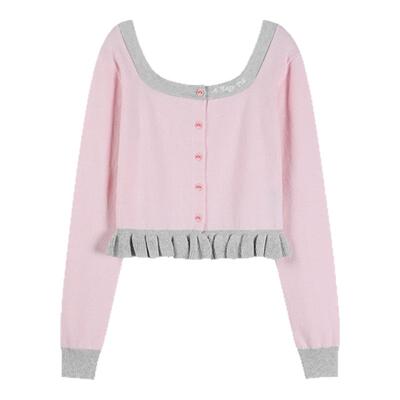 方领撞色荷叶边短款针织衫薄款