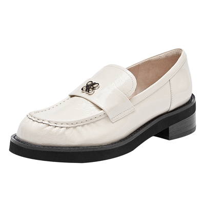 真美诗春季新款牛皮粗跟褶皱通勤小皮鞋乐福鞋女YQB85AA4