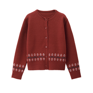 设计师款佐丹奴红色毛衣女撞色提花卷边宽松圆领针织开衫18355614