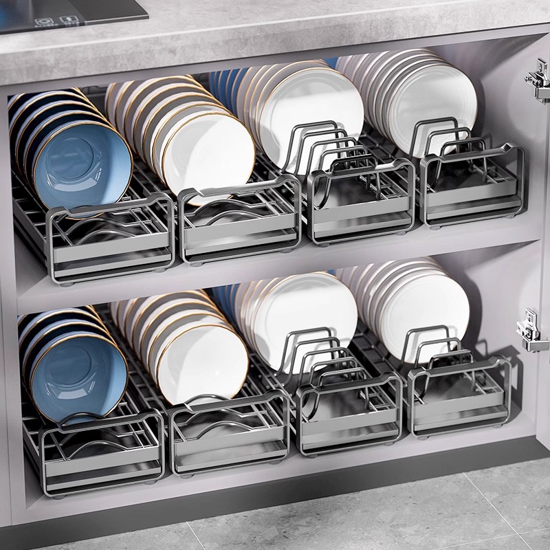 厨房碗碟收纳架柜内分隔拉篮厨房置物架子抽屉内置放盘子沥水碗架
