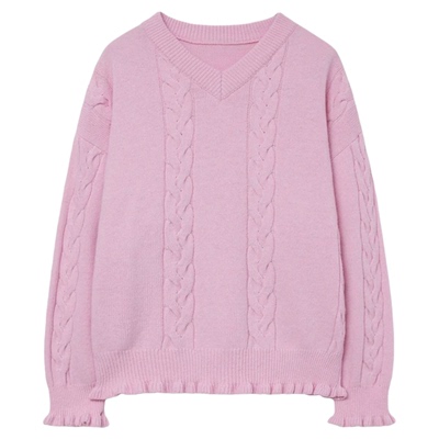 朴敏珠minju同款粉色麻花V领毛衣女秋冬甜美减龄木耳边针织衫上衣