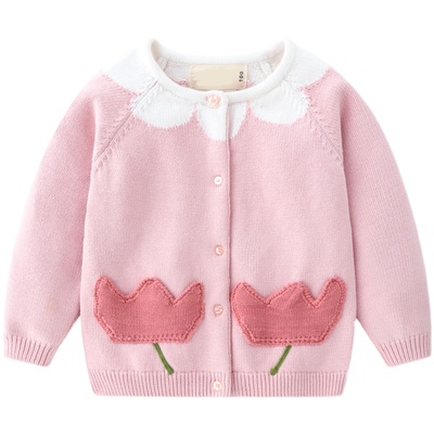 100-140粉嫩荷花贴布针织毛衣