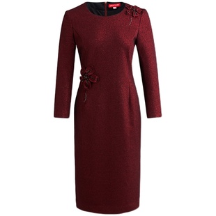 皮尔卡丹女装秋季新品酒红色长袖淑女连衣裙端庄高贵一步裙